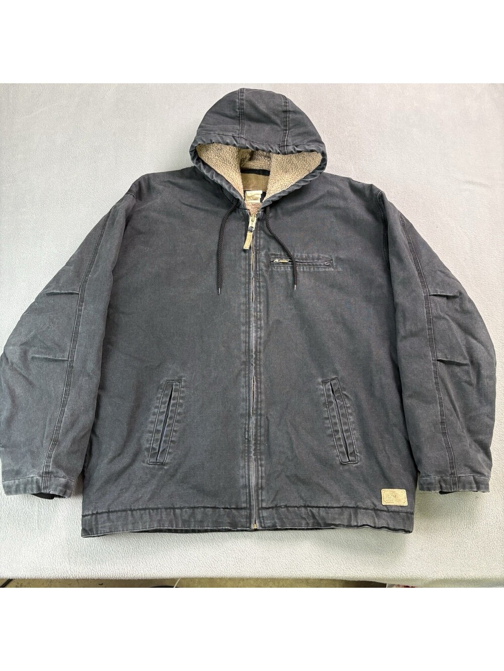 Vintage Schmidt Sherpa Lined Canvas Hooded Workwear Jacket Size XL Navy Blue